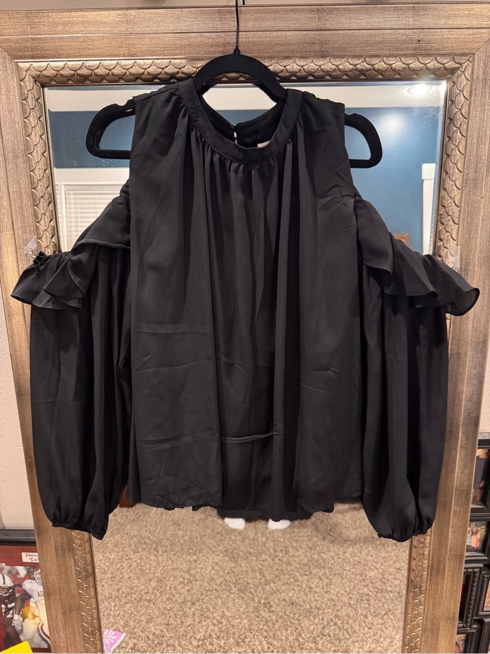Black Cold-Shoulder Ruffle Blouse with Smocked Neck